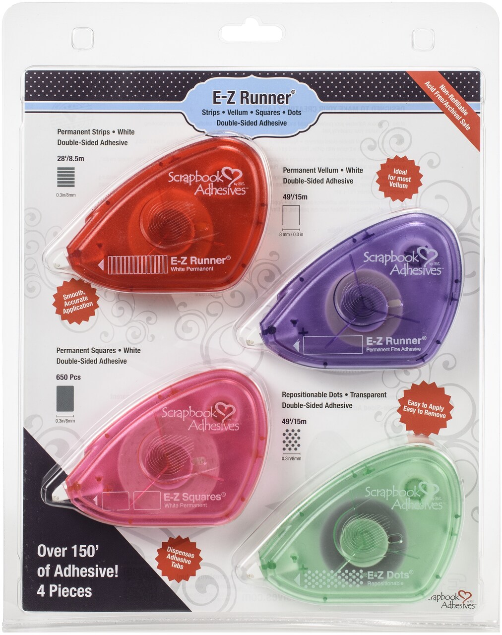 Scrapbook Adhesives E-Z Runner Value Pack 4/Pkg-Strips, Vellum, Squares & Dots